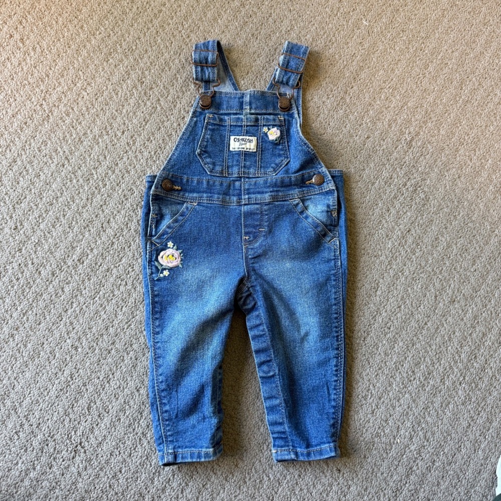 Vintage OshKosh B'gosh Baby Girls 6M Floral Embroidered Denim Overalls